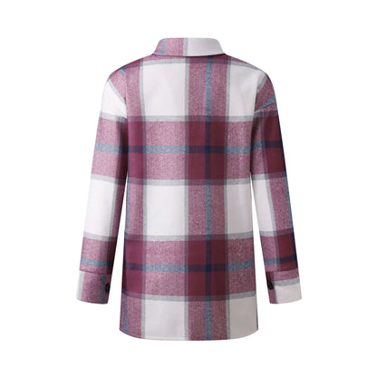 Women Coat Plaid Print Pocket Button Coats Long Sleeve Shacket Autumn Turn Down Collar Single Jacket Breasted Spring Jackets