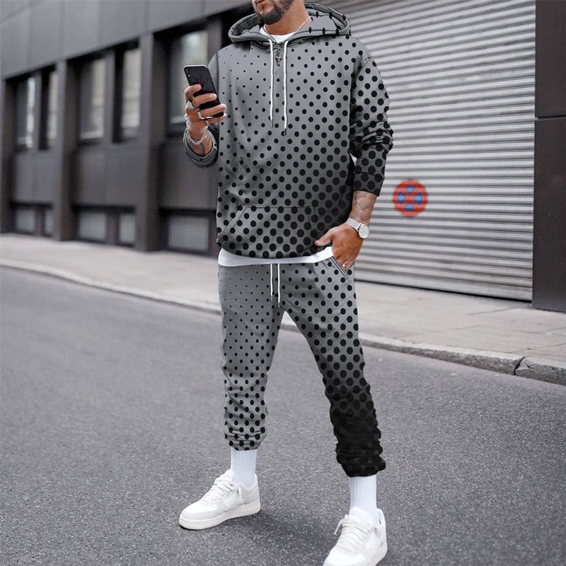 Spring and Autumn Men&#39;s simple classic grey Polka Dot 3Dprinted sports hoodie suit casual breathable trousers tracksuit clothing