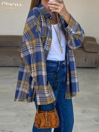Clacive Fashion Loose Plaid Women'S Blouse  Elegant Lapel Long Sleeve Office Shirts And Blouses Vintage Oversize Top Female