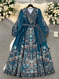 Spring Autumn Plus Size New Vintage Print Elegant Holiday Style Dress Middle East Robe Ethnic Long Sleeve V-Neck Belted Commute