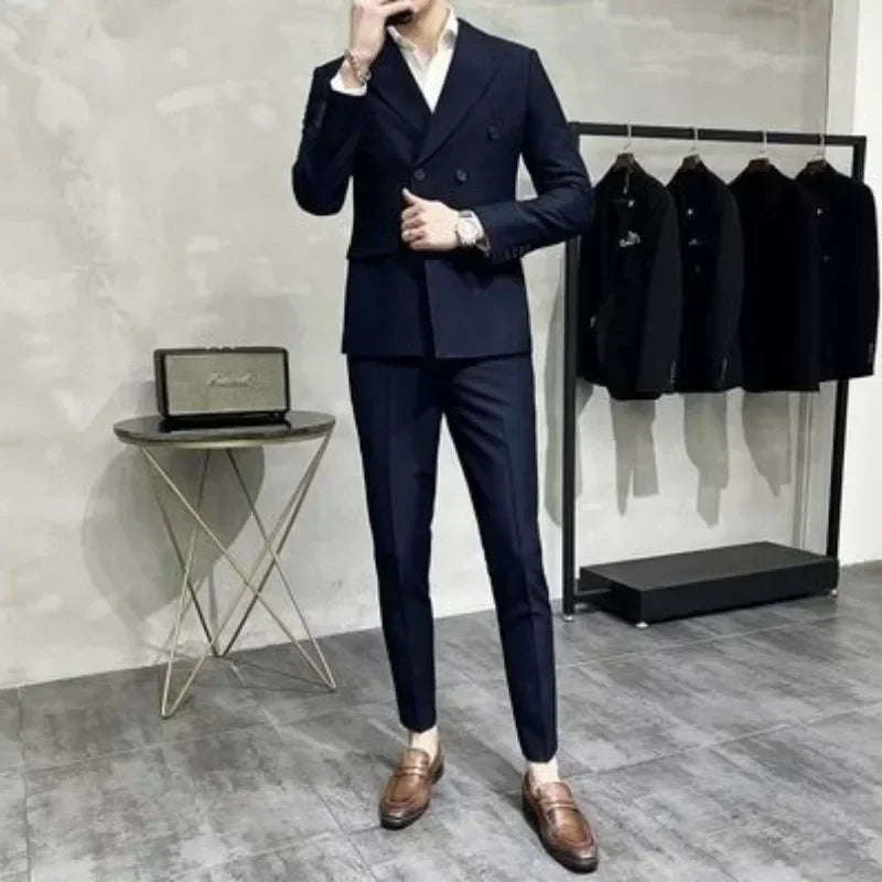 Casual Double Breasted Slim Fit 2 Piece Outfit Set Man Korean High Quality 2024 Full Suit for Men Clothes Gentleman Pants Blazer