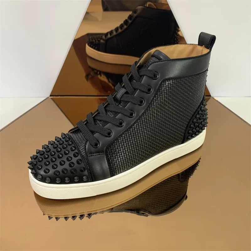 Men's Shoes, Rivet Shoes, Designer Luxury Shoes, Breathable Woven High-top Casual Board Shoes with Red Soles for Men and Women