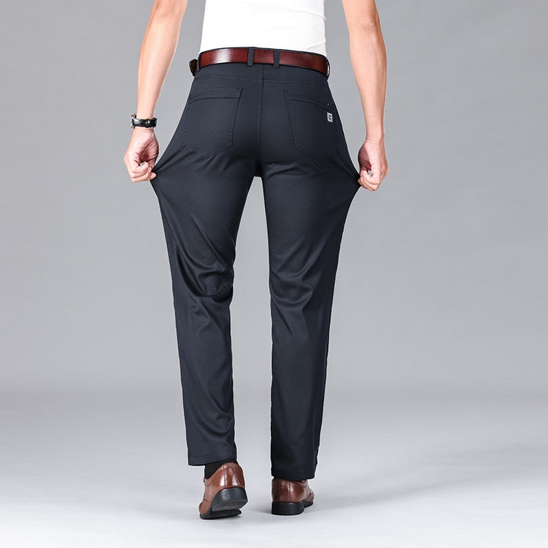 Pantaloni casual subțiri de lux pentru bărbați din țesătură lyocell de vară, în stil clasic, pantaloni largi, drepti, elastici, de afaceri, marcă masculină, negru