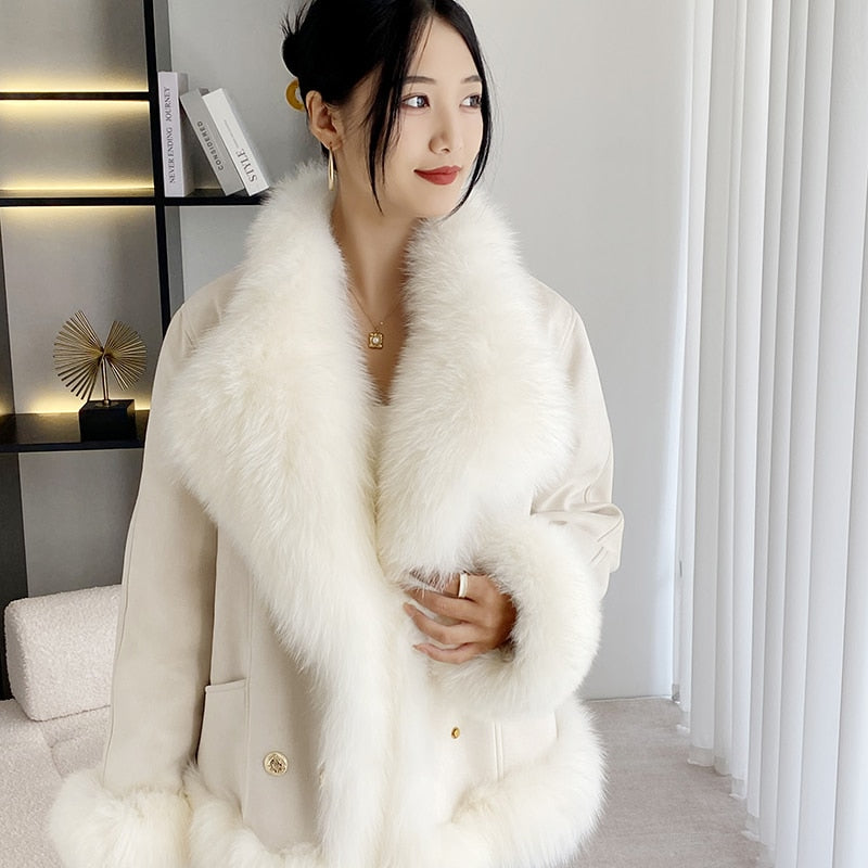 2023 New Fox Fur Collar Fur Coat Female Chamois Leather Korean Version Inner Coat Goose Down Down Coat Winter Top