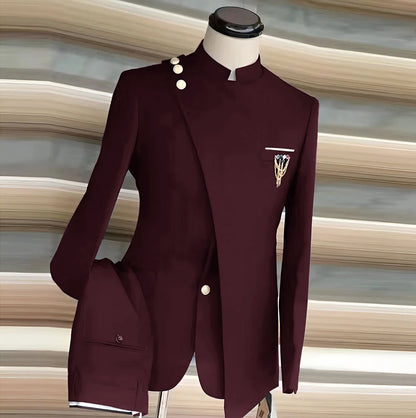 African Style Men's Suit 2 Piece Set Single Breasted Blazer Groom Wedding Tuxedo Gold Button Design Formal Jacket Pants 2 Piece