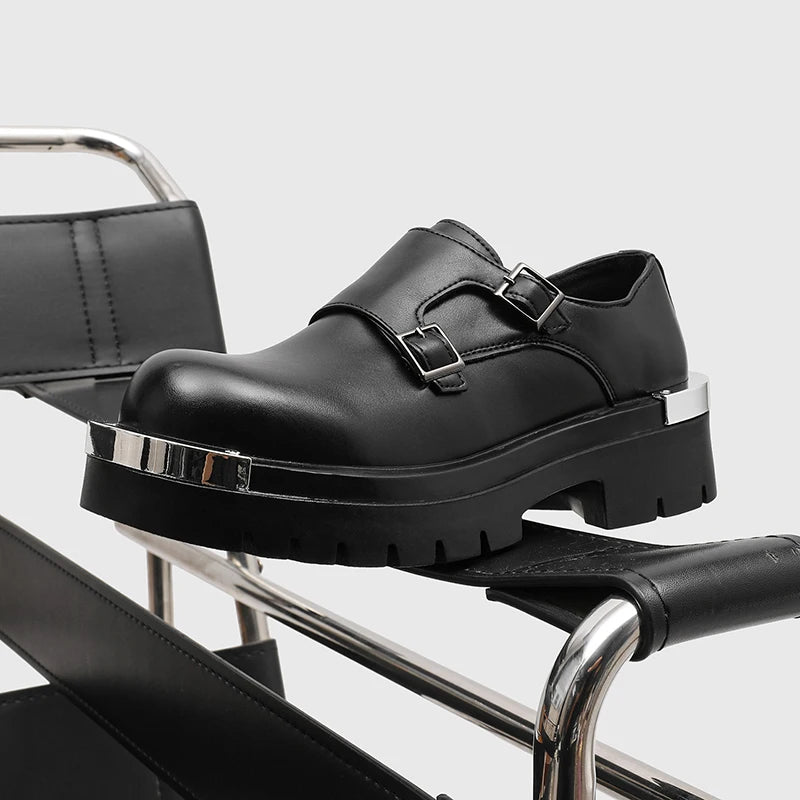 Men Fashion Paris Derby Shoes Punk Style Metal Big Head Double Breasted Decoration New Thick Bottom Height Increase Men's Dress Shoes