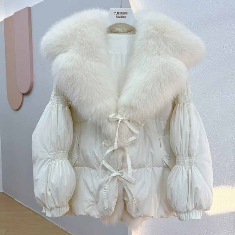 Hot Sales 2023 Women's Winter Coat Short Streetwear Loose Placket High-End Fox Fur Big Fur Collar White Duck Down Down Jacket