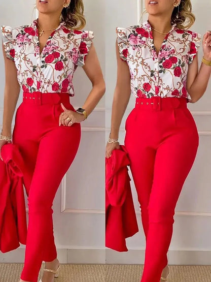 Spring Summer Women's New Printed Lotus Leaf Sleeveless Shirt Suit Elegant Slim Femal Office  Long Pants Belt Two Piece Set