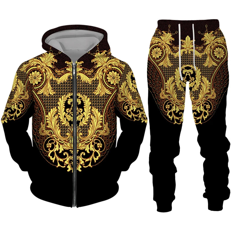 Luxury Golden Pattern 3D Print Men's Zipper Tracksuit Set Casual Hoodie+Pants 2pcs Sets Oversized Sweatshirt Fashion Men Clothes