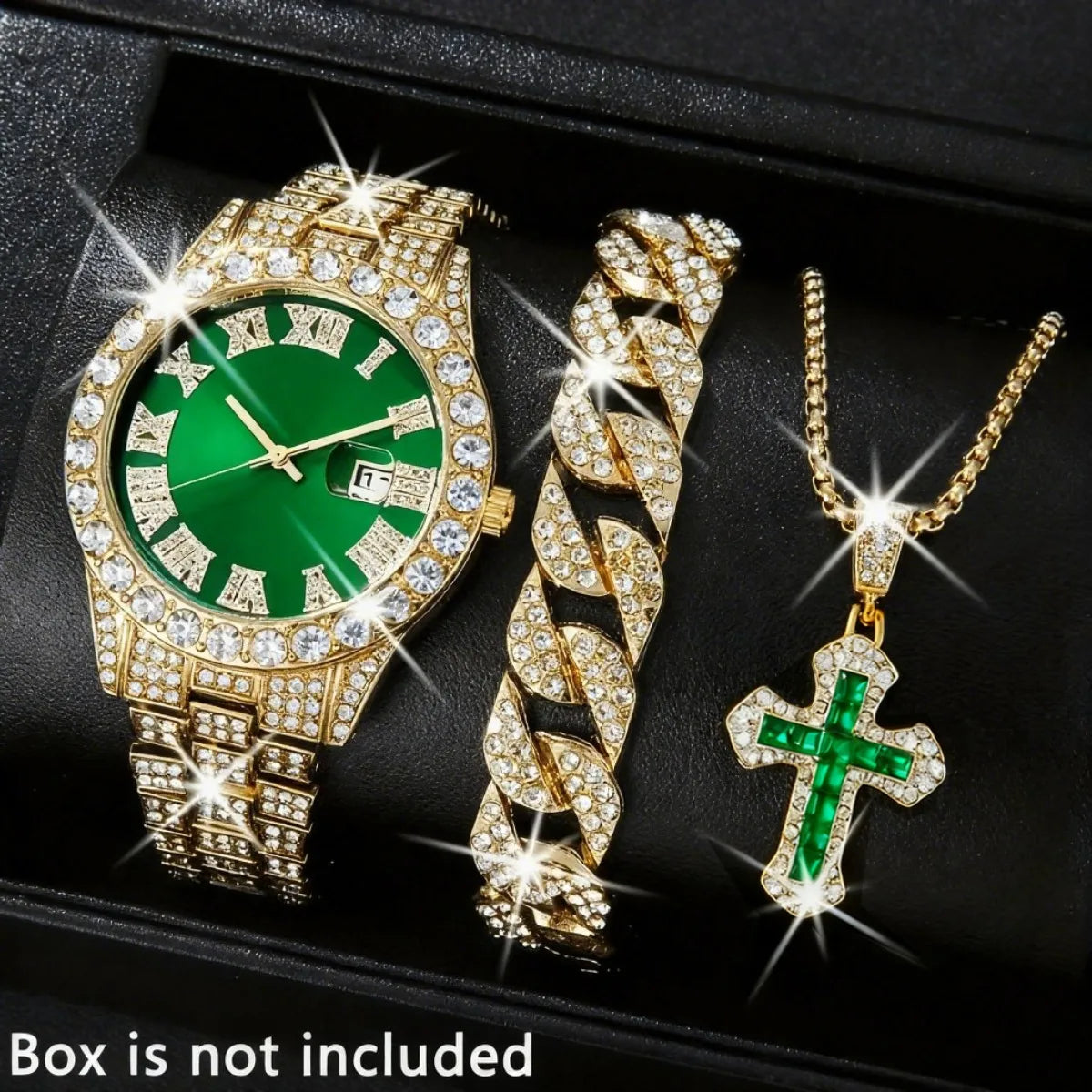 3PCS Luxury Full Diamond Men Watch Bracelet Necklace Set Fashion Hip Pop Men's Calendar Quartz Watches Reloj Mujer?Without Box?