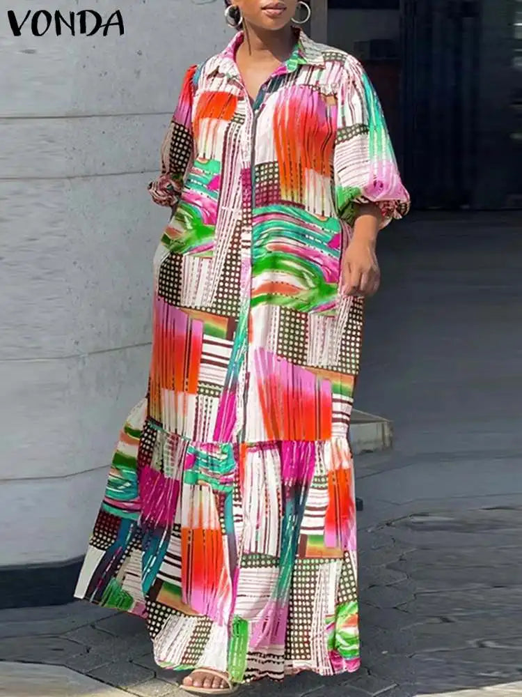 VONDA Plus Size 5XL Bohemian Printed Dress Autumn Women Elegant Long Sleeve Vintage Maxi Sundress Casual Button Loose Party Robe