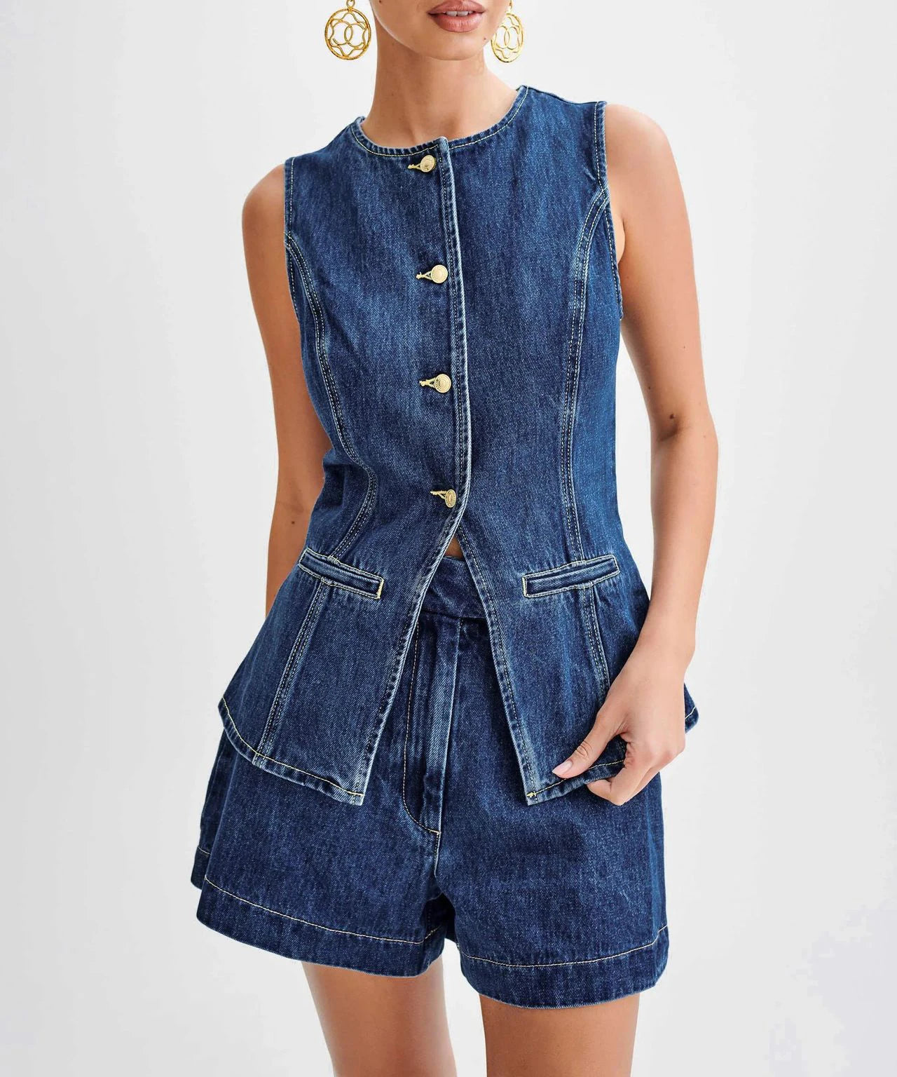 EOTVOTEE Streetwear Slim Sleeveless Denim Top for Women Fashion Casual High Waist Denim Shorts 2025 New Spring Summer Short Sets