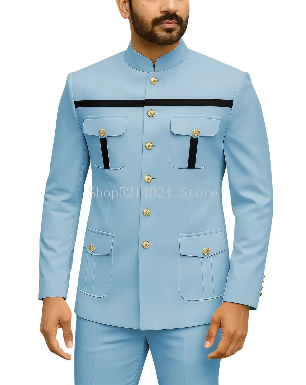 Herren Safari-Anzug 2-teilig Regular Fit Chinakragen Goldknopf Blazer Hose Set Afrikanische Outfits