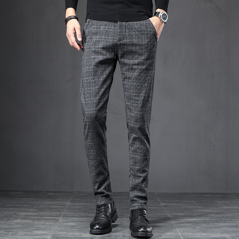 2022 Men&#39;s Stretch Stripe Plaid Trendy Pants Elegant Seasons Wear High Quality Designer Business Casual Trousers