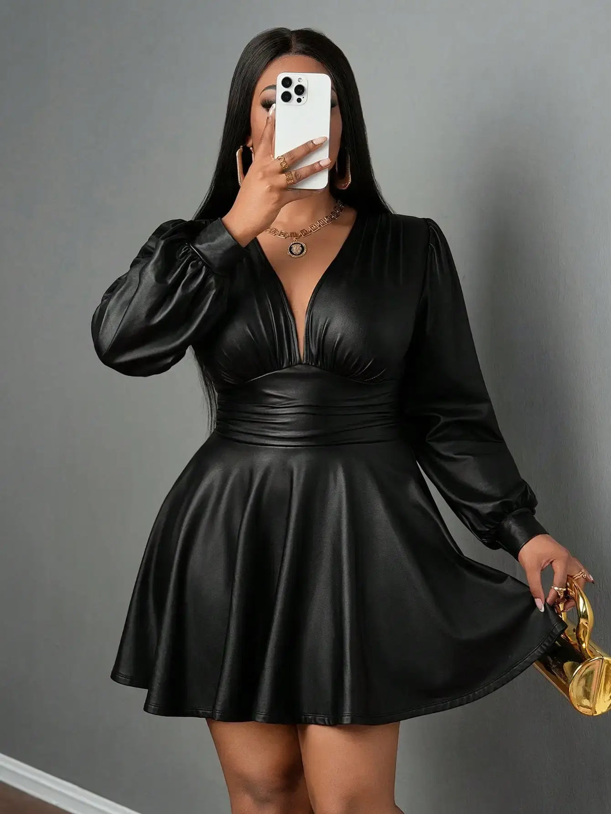 Große Größen Lederrock für Damen tiefer V-Ausschnitt Laternenärmel Tailliert A-Linien-Party-Outfit Sexy Mädchen-Ensemble