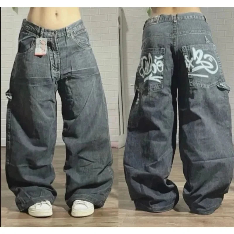 American New Fashion Patch Baggy Casual Jeans For Men And Women Y2K High Street Harajuku High Waist Wide Leg Denim Trousers