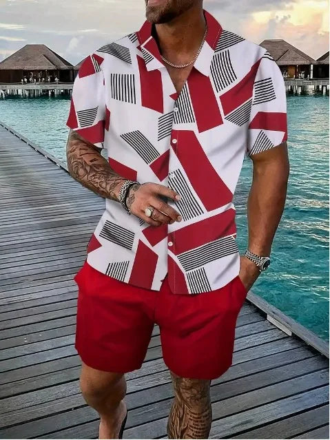 Comfortable Coconut trees leaves color blocking 3D Print shirt +Shorts Two Piece Set Short Sleeve Flip collar shirts half pants