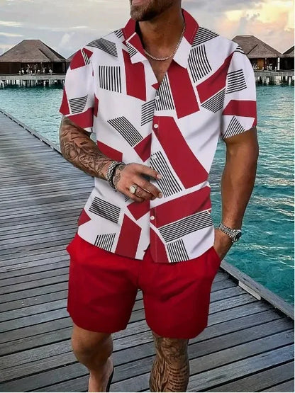 Comfortable Coconut trees leaves color blocking 3D Print shirt +Shorts Two Piece Set Short Sleeve Flip collar shirts half pants