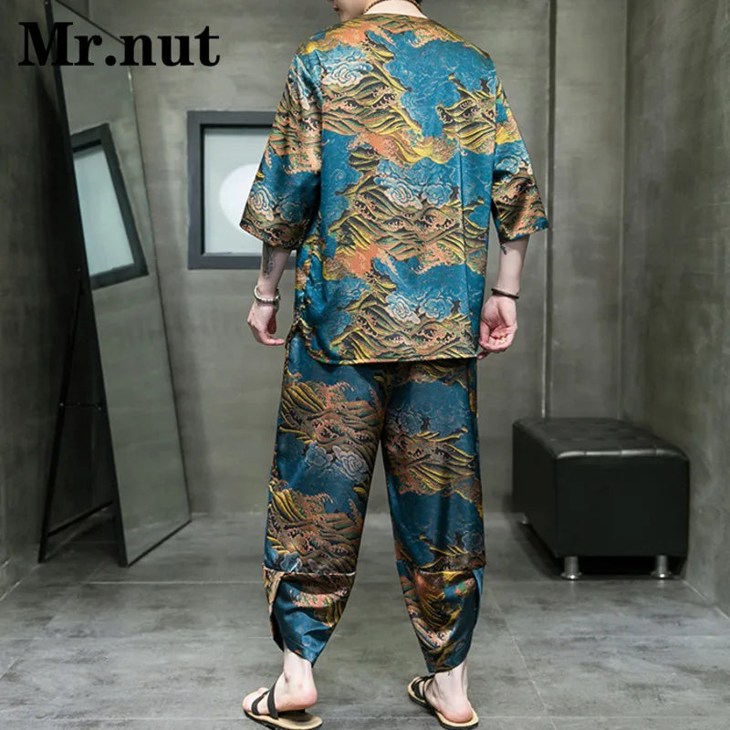 Mr.nut Summer Ice Silk Men's Tang Suit Two Piece Set T Shirt Harem Pants Clothing Women Stylish Vacation Cool Clothes Streetwear