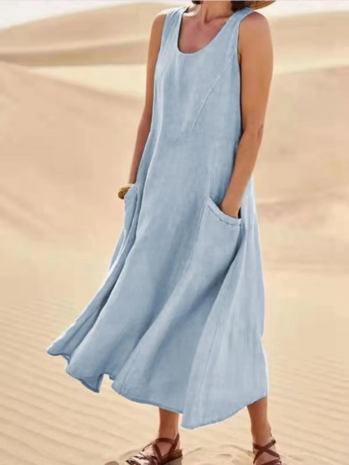 Chic Women Coton Linen Sundress Summer Female Sleeveless Double Big Pocket Loose Sand Beachwear Long Dress Oversized Vestidos