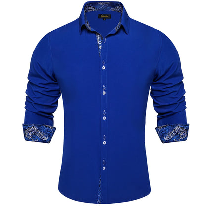 Men's Casual Long Sleeve Shirt with Inner Paisley Contrast Pattern Elegant Turn Down Collar Dress Shirt for Business Date Tops