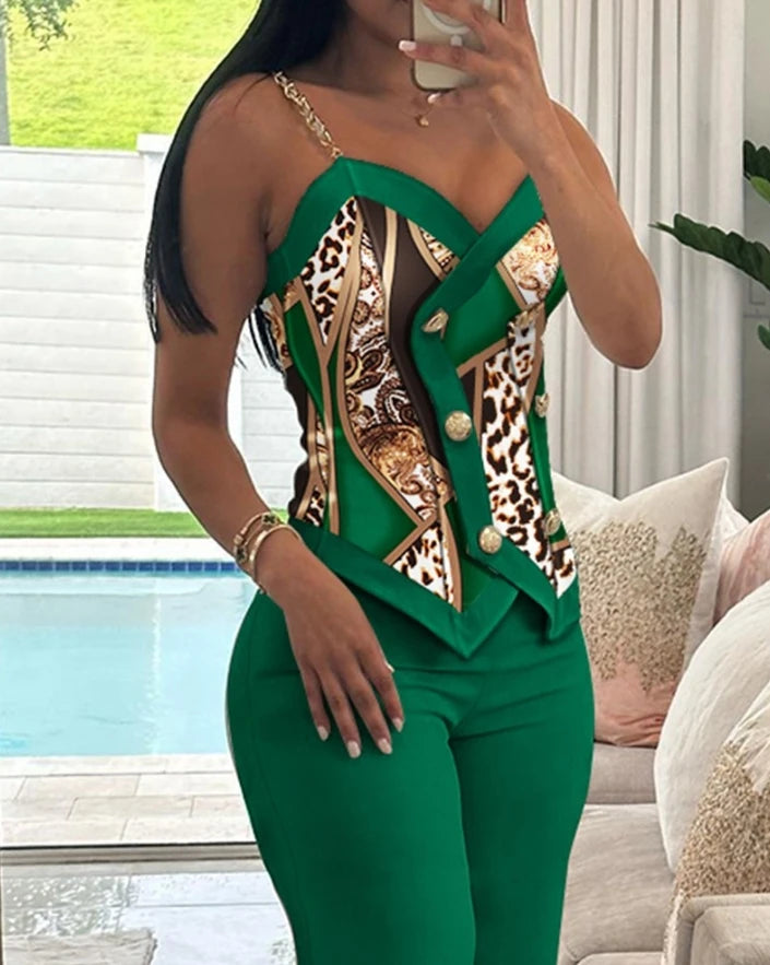 Two Piece Set Women Outfit 2024 Summer Scarf Leopard Print Double Breasted Chain V-Neck Cami Top & Casual Straight Leg Pants Set