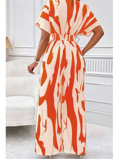 Women Wide Leg Jumpsuit Spring Summer Fashion V Neck Short Sleeve High Waist Full Body Printed Jumpsuits Casual One Pieces