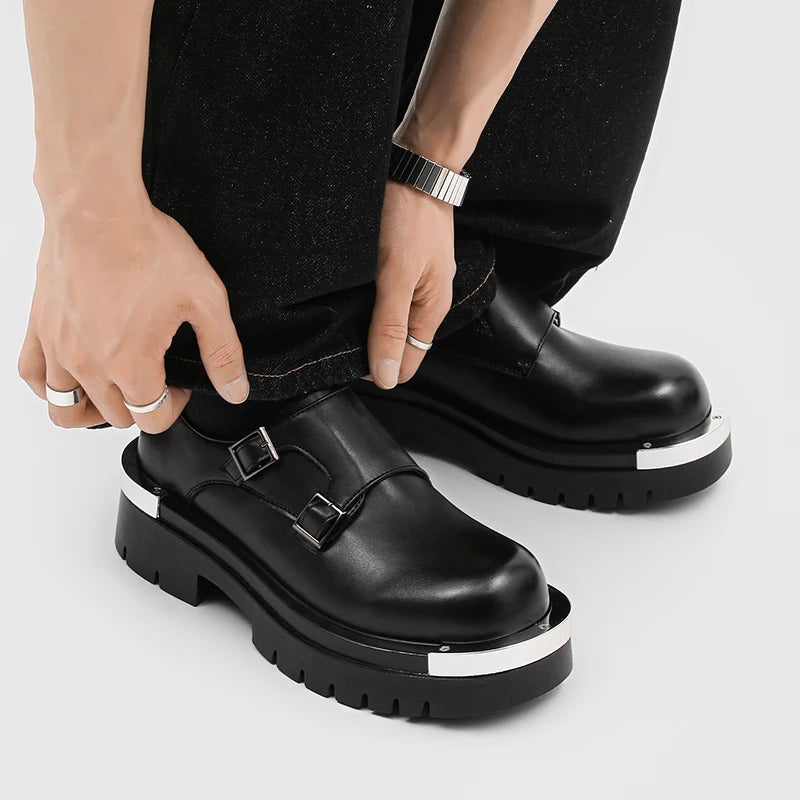 Men Fashion Paris Derby Shoes Punk Style Metal Big Head Double Breasted Decoration New Thick Bottom Height Increase Men's Dress Shoes