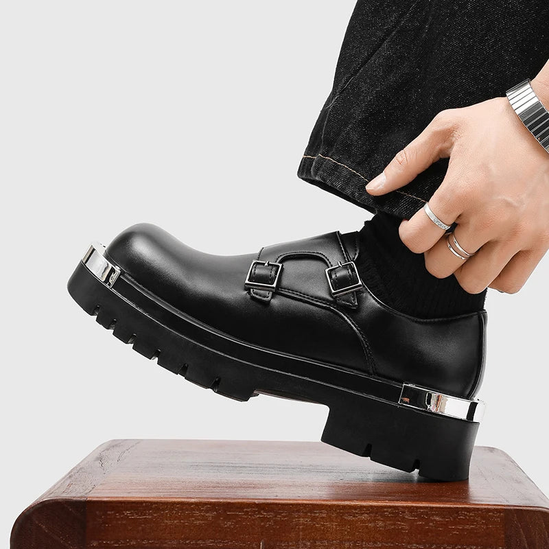 Men Fashion Paris Derby Shoes Punk Style Metal Big Head Double Breasted Decoration New Thick Bottom Height Increase Men's Dress Shoes