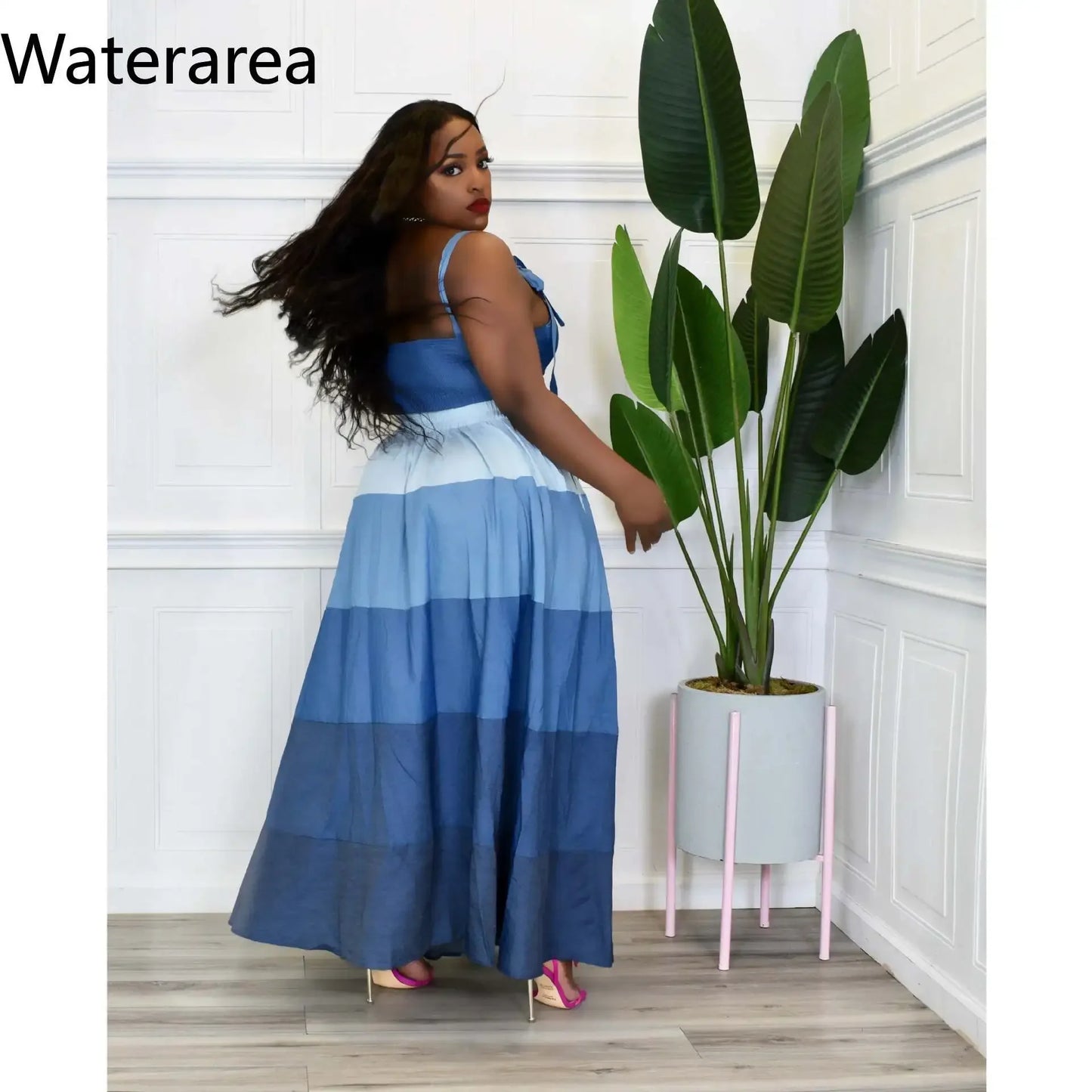 Waterarea Plus Size Blue Striped Skirt Suit Spaghetti Strap Crop Top and Big Swing Long Skirts Two2 Piece Set Sexy Street Summer