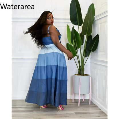 Waterarea Plus Size Blue Striped Skirt Suit Spaghetti Strap Crop Top and Big Swing Long Skirts Two2 Piece Set Sexy Street Summer