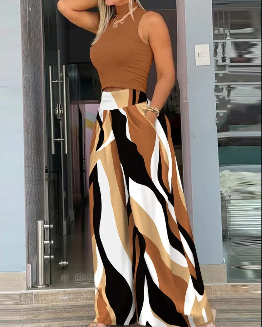 Women Two Piece Pant Sets Sleeveless Turtleneck Tops Pockets Wide Leg Pants High Waist Trousers Suit Elegant Office Ladies