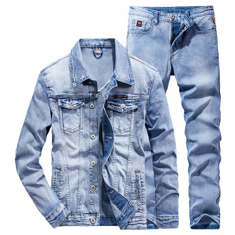 Spring Autumn Men's Denim Suit Loose Fit Plus Size Trendy Two-Piece Student Versatile Outerwear Casual Jacket