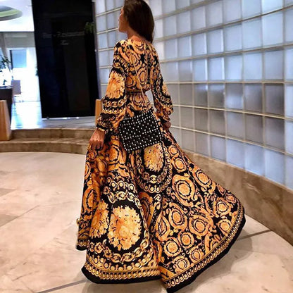 Womens Boho V-Neck Printed Sundress Long Maxi Dress for Summer Loose Party Beach Holiday Casual Long Dress  New Beach Dress