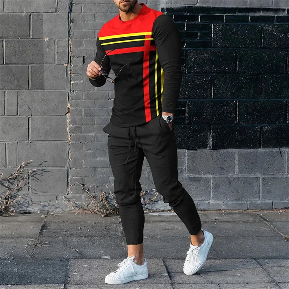 Fashion Men's Long Sleeve T-shirt Set Sports Pants New 3D Printed Casual Male Clothes Oversized Tracksuits 2 Piece Suit Jogging