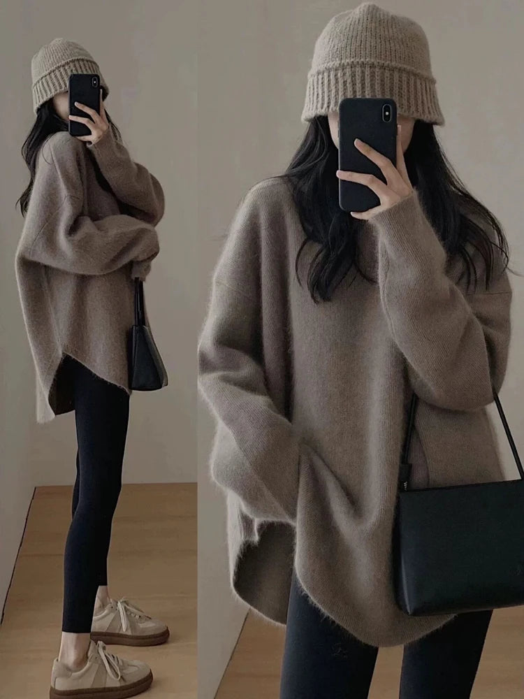 Korean Fashion Sweater Women Elegant Casual Loose Knitted Fluffy Pullover Female Autumn Winter Long Sleeve Oversized Knitwears