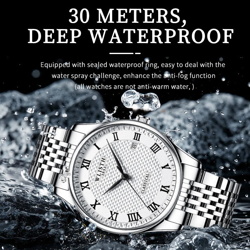 WLISTH Luxury Stainless Steel Watches for Man Waterproof Luminous Quartz Watches Roman Scale Wristwatch Date Week Men Watch
