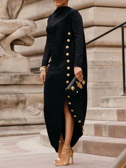 Yeezzi Women's Fashion Buttoned Split-Side High Neck Black Dress  New Long Sleeves Loose Urban Office Commute Maxi Dresses