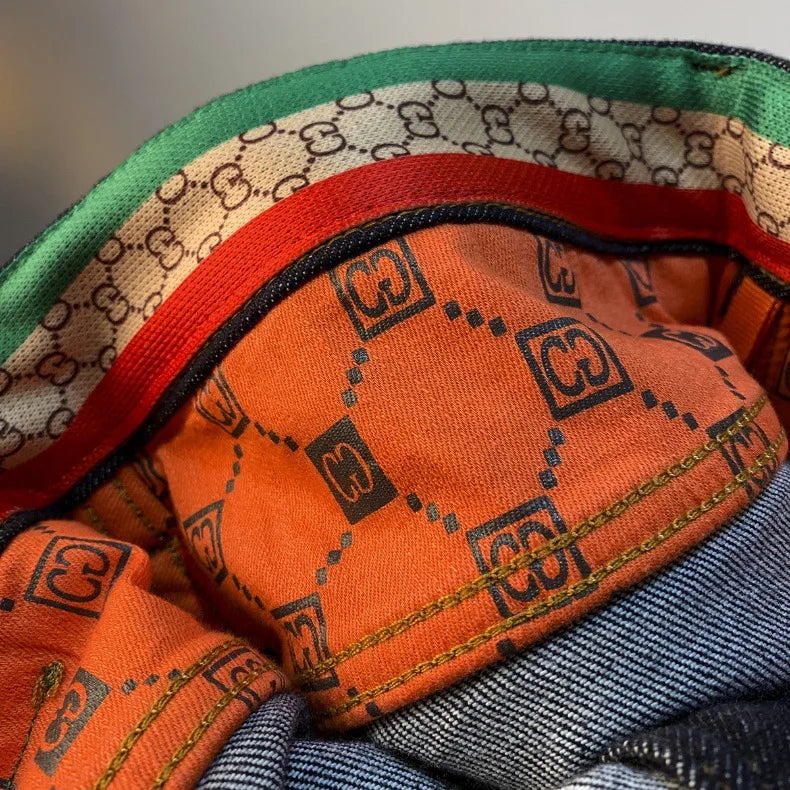 High end light luxury men jeans autumn new item dark blue fashion printed casual straight slim fit cotton washed denim pants