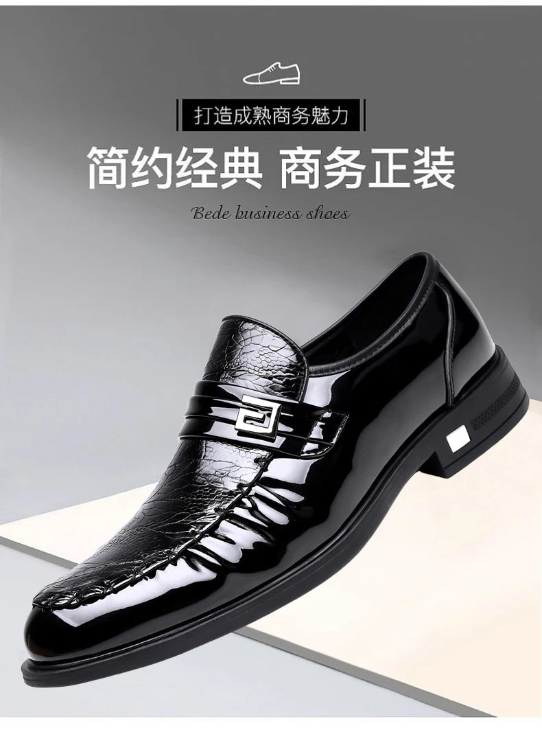 Men's Brown Crocodile Pattern Dress Shoes Patent Leather Slip-on Loafers Formal Business Wedding Oxfords for Men