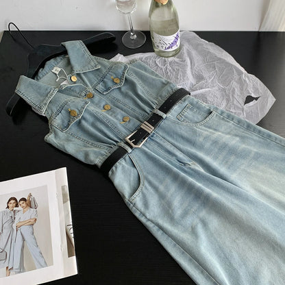 Women Summer Elegant Polo Neck Jumpsuits Straight Denim Sleeveless Single Breasted High Waist Wide Legs Pants  New Fashion