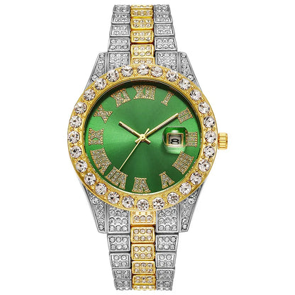 Luxury Hip Hop Stainless Steel Gold Color Calendar Watch For Men Iced Out Paved Rhinestones Men Watch Reloj Hombre