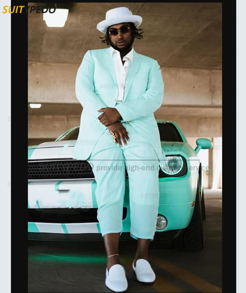 Fashion Mint Suit Sets For Men Wedding Banquet Elegant Outfits Daily Party Tailor-made Male Casual Blazer Pants 2 Pieces