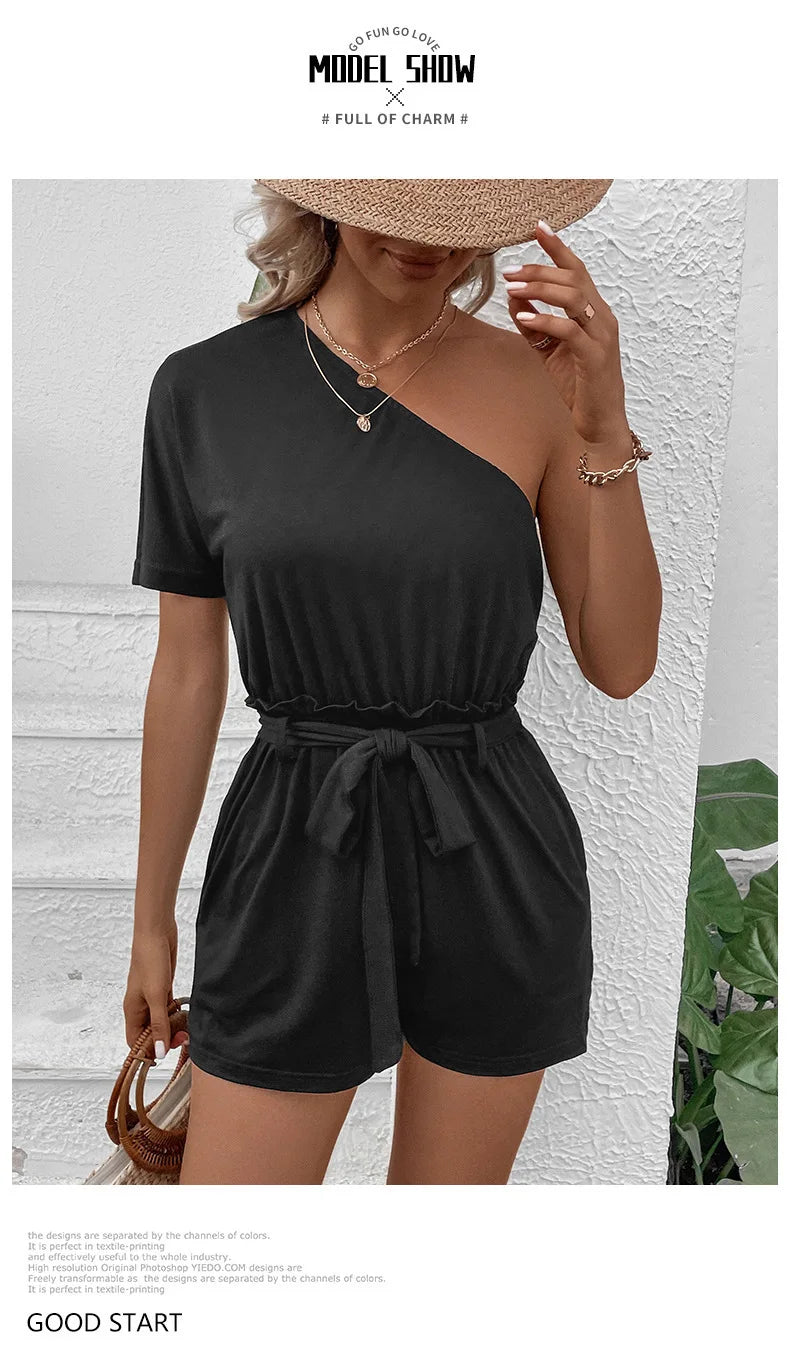 2024 Summer New Women's Casual Single Shoulder Solid Color Jumpsuit Shorts