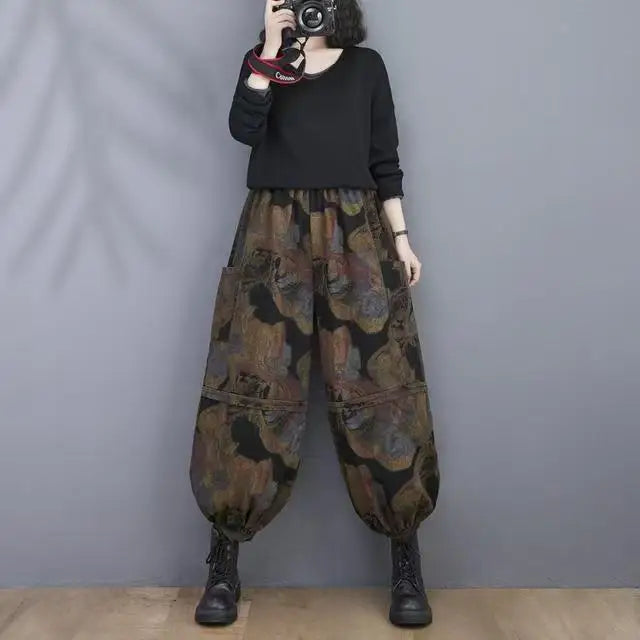 New Fashion Ladies Printed Floral Jeans Women Vintage Blue Denim Pants Female Street Style Oversized Bloomers Pantalons