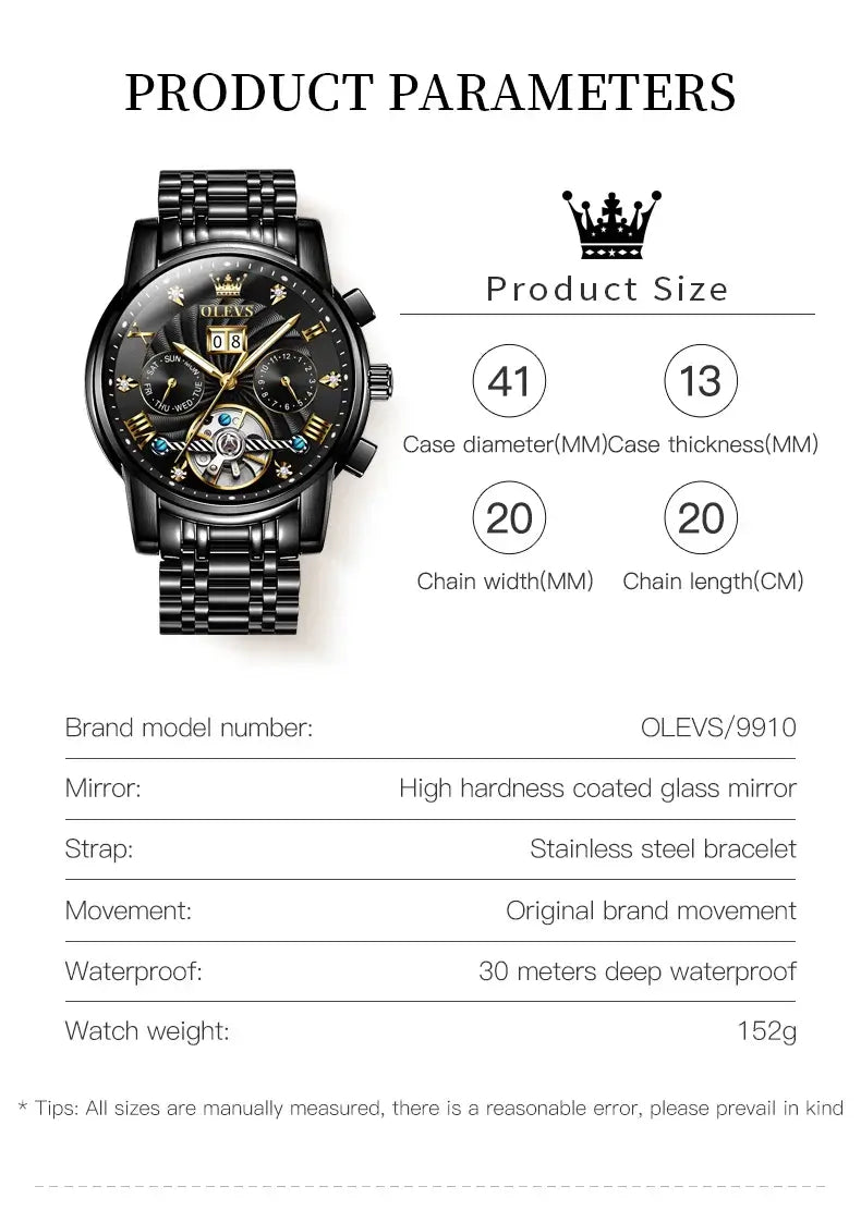 OLEVS Klassische Herrenuhren Tourbillon Multifunktions-Vollautomatik-Herrenuhr Hochwertige Armbanduhren für Herren