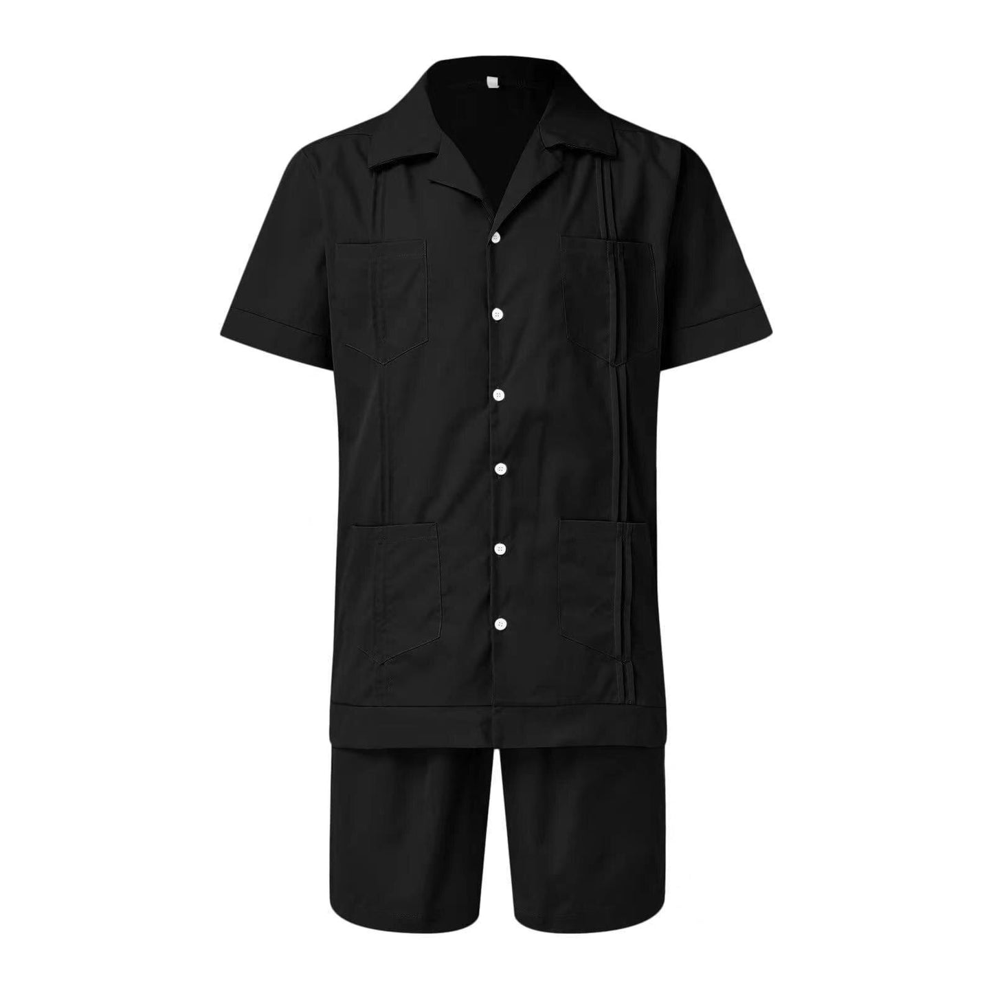 Men&#39;s Summer Casual Loose Two Piece Sets Beach Solid Workwear Pocket Linen Man Suit Short Sleeve Button Shirt And Shorts Outfits