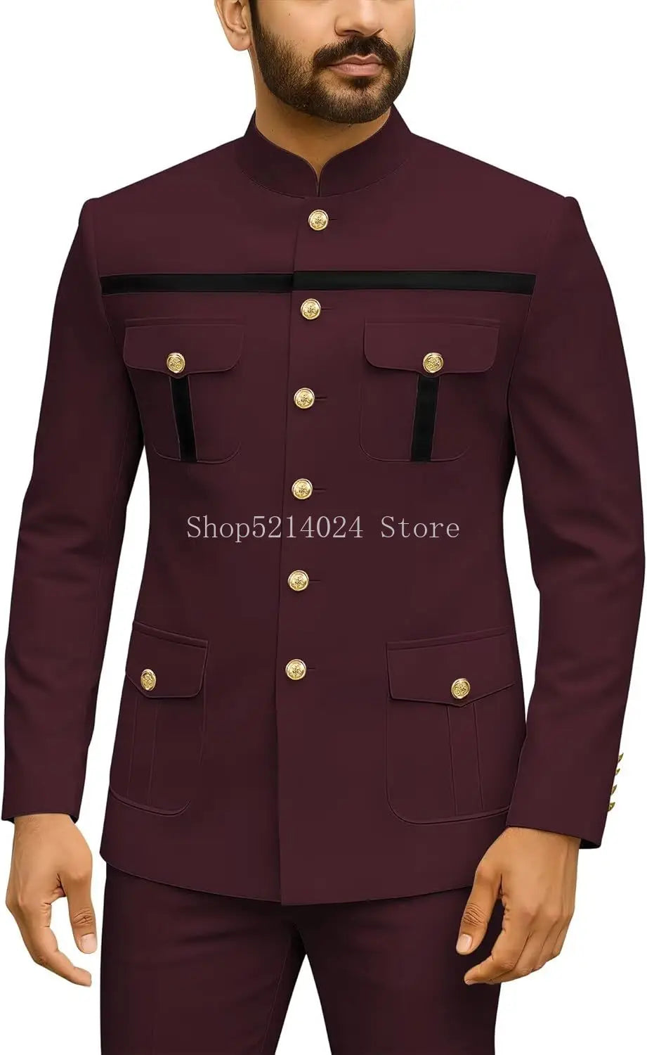 Mens Safari Suit 2 Piece Regular Fit Chinese Suit Stand Collar Gold Button Blazer Pants Set African Outfits