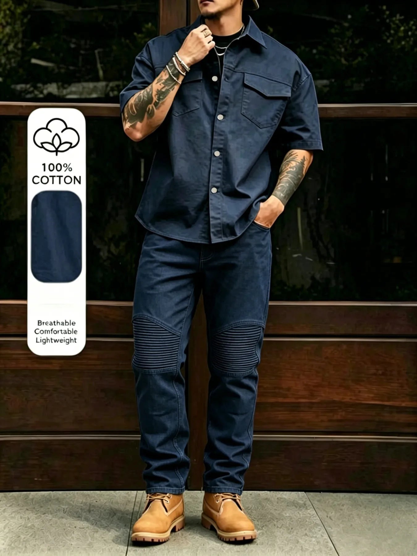Men's Casual Workwear 100% Cotton Multi-Pocket Short-Sleeved Shirt Pants Set Male Cargo Overalls Streetwear Short Sleeve Button