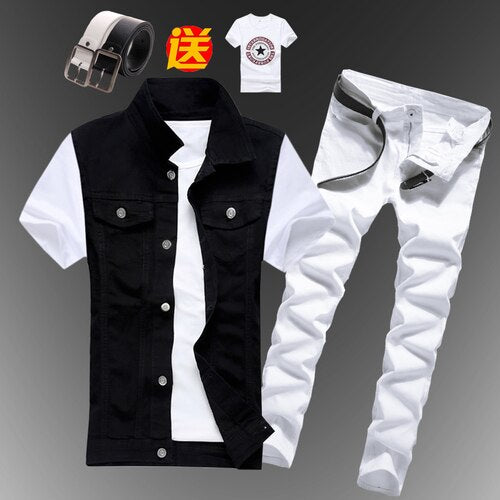 Mens Boys Casual Denim Vest Sleeveless Waistcoat Summer Jeans Pants Trousers Slim Fit Two Piece Set Summer